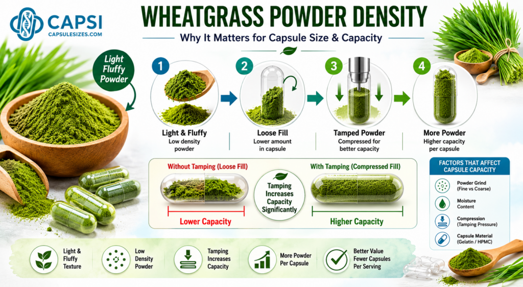 Wheatgrass powder density and capsule filling infographic