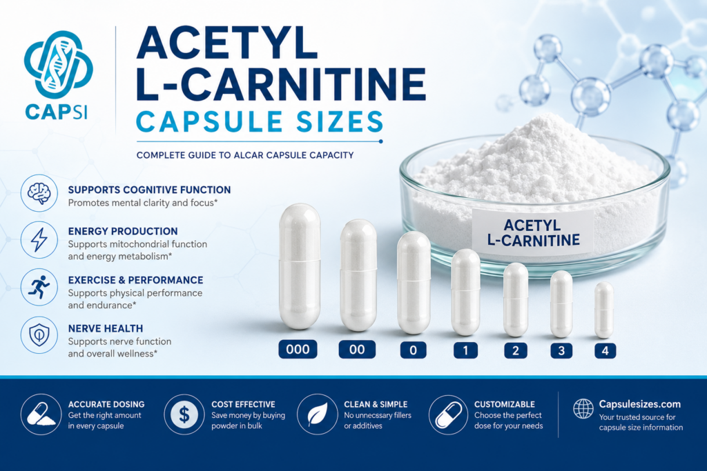 Acetyl L-Carnitine capsule sizes guide showing empty capsules and ALCAR powder