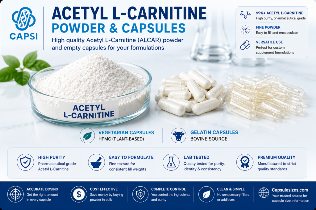 Acetyl L-Carnitine powder beside empty capsules