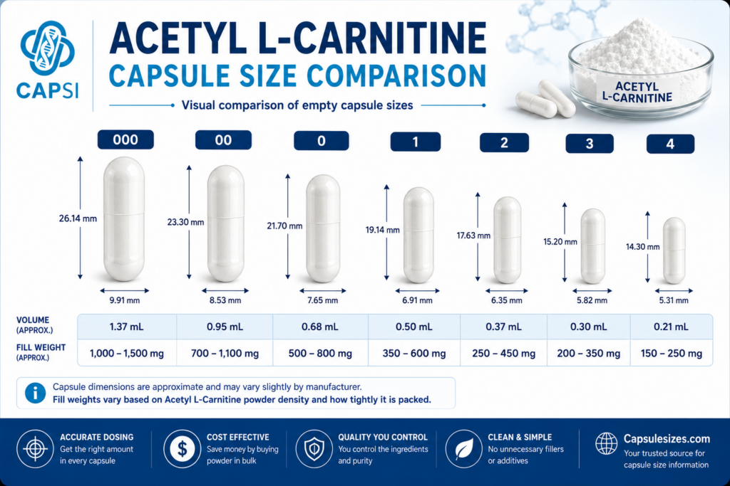 Visual comparison of Acetyl L-Carnitine capsule sizes