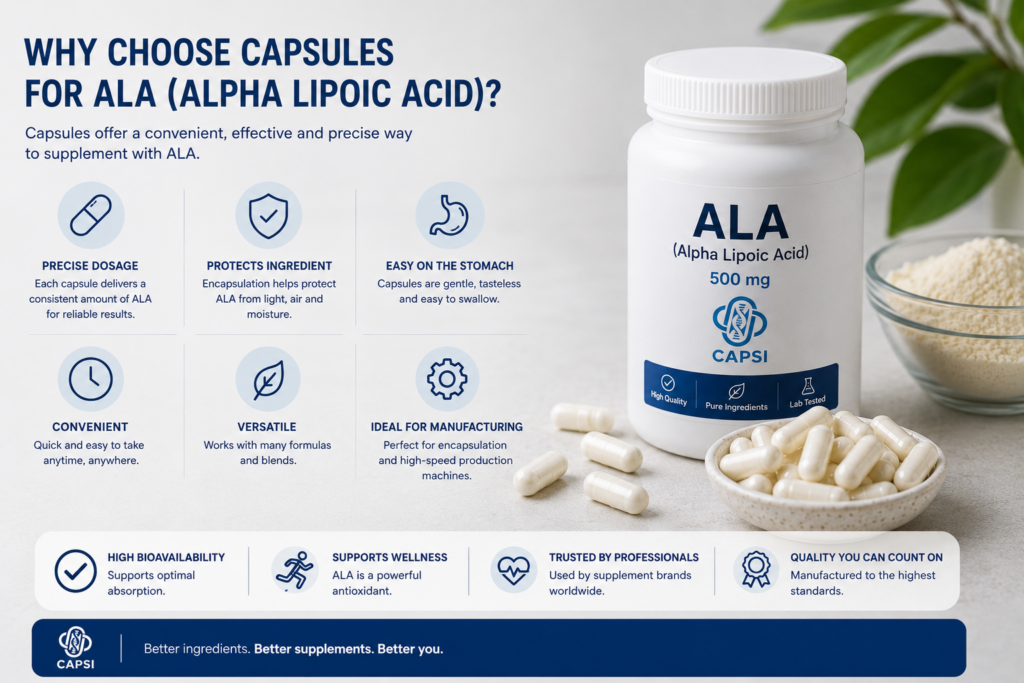 Capsule filling machine preparing ALA supplement capsules