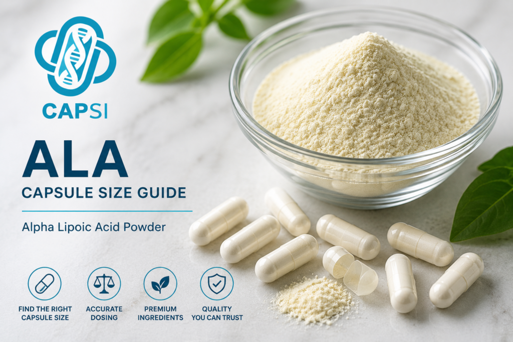 ALA powder with empty capsules for capsule size guide