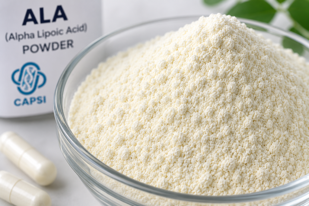 Close-up of Alpha Lipoic Acid powder for capsule filling