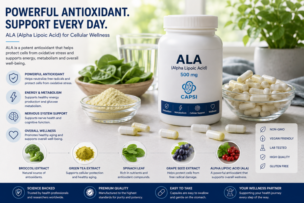 Antioxidant wellness scene with ALA capsules and supplement ingredients