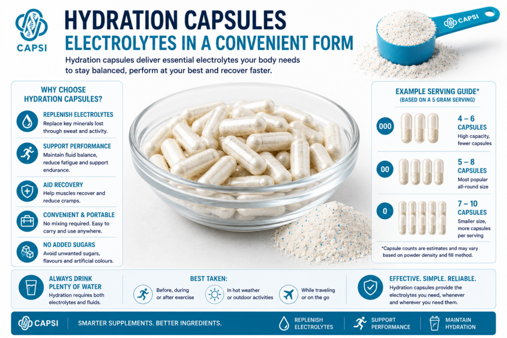 Hydration capsules and electrolyte supplements demonstrating effectiveness and hydration benefits.