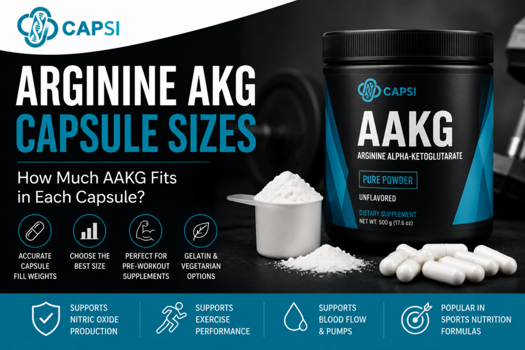 Arginine AKG capsule sizes guide showing AAKG powder and empty capsules