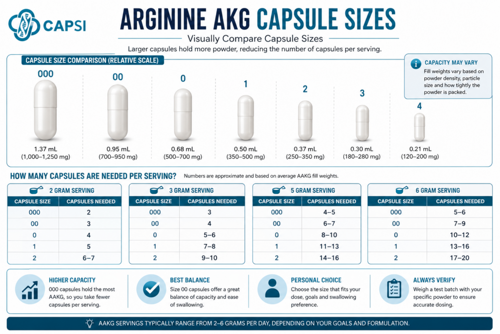 Arginine AKG capsule size comparison and capsules needed per serving