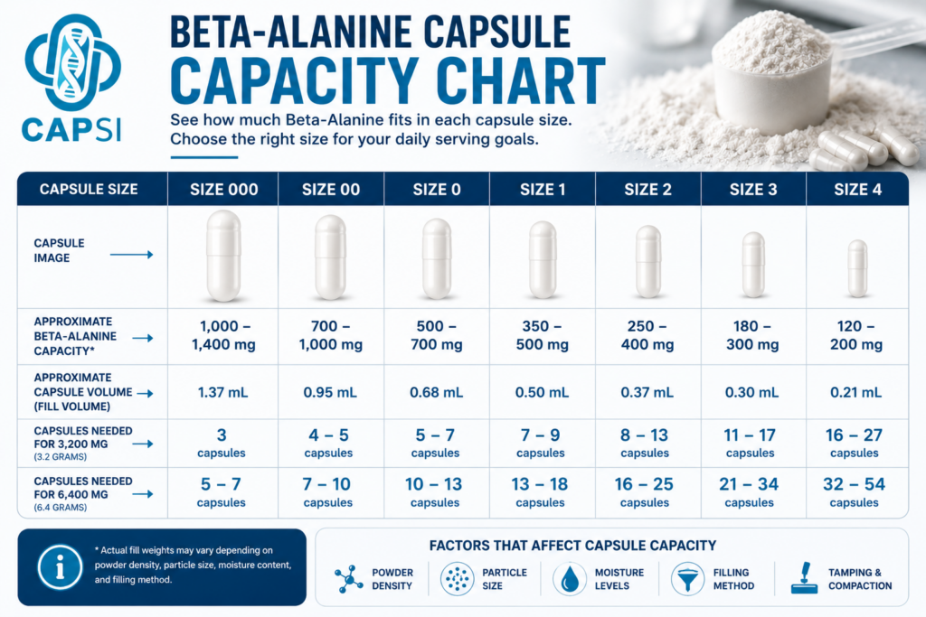 Beta-alanine capsule capacity chart showing estimated fill weights for each capsule size