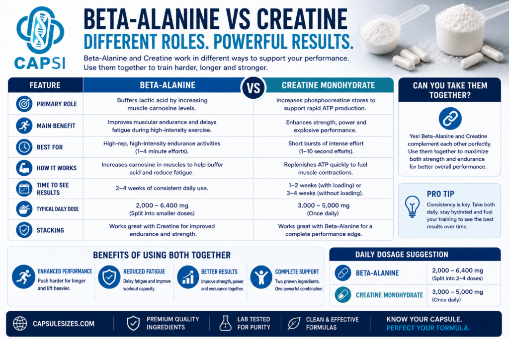 Beta-alanine capsule storage guide and frequently asked questions infographic