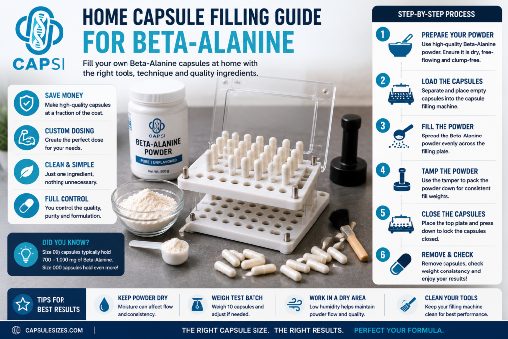 Filling beta-alanine powder into empty capsules using a capsule filling machine