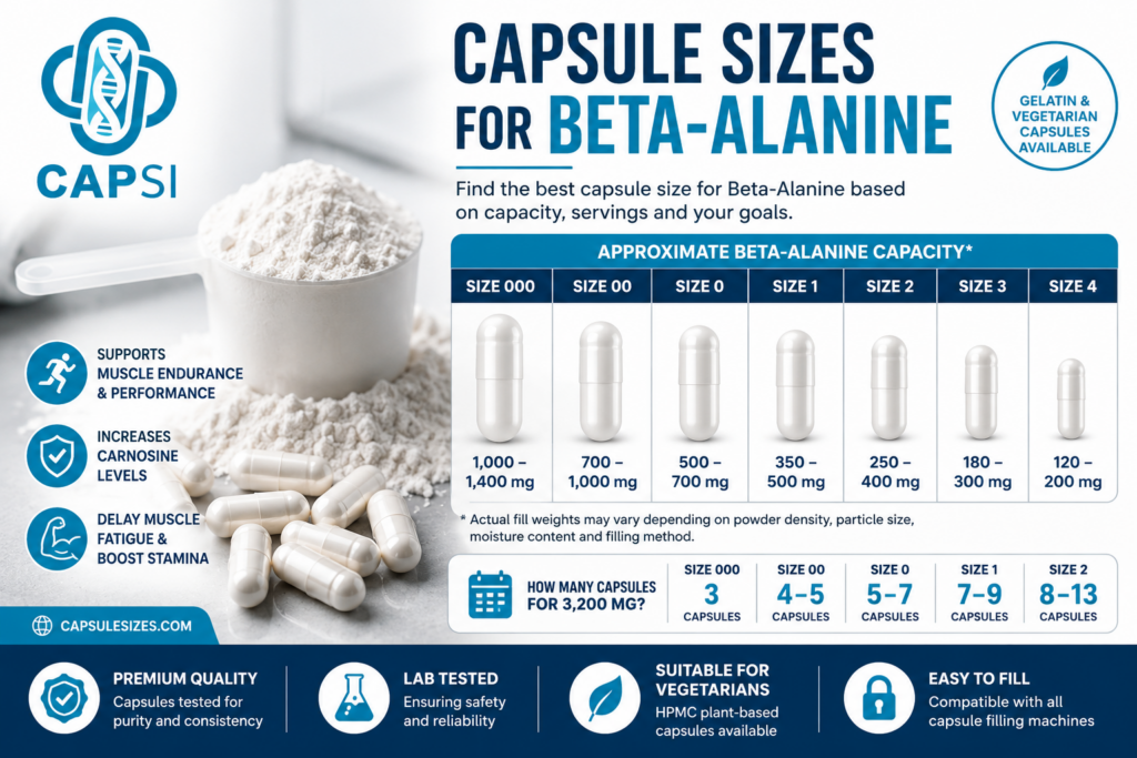 Beta-alanine capsule sizes guide showing size 000, 00, 0, 1, 2, 3 and 4 capsule capacities