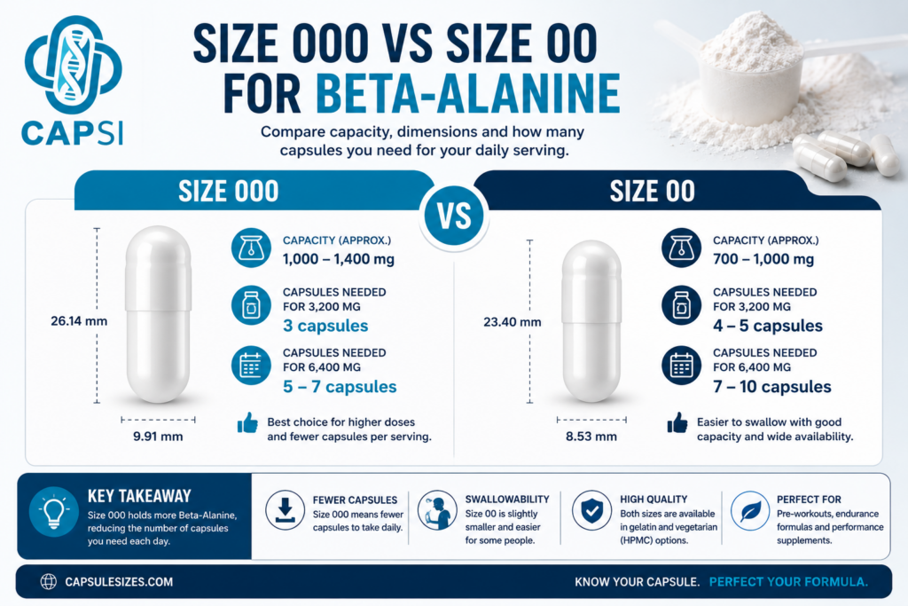 Size 000 vs size 00 capsules for beta-alanine powder capacity comparison