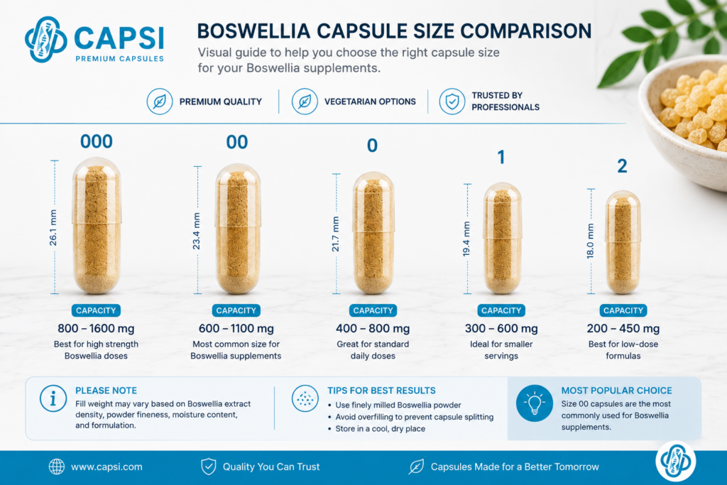 Capsule size chart for Boswellia supplements 