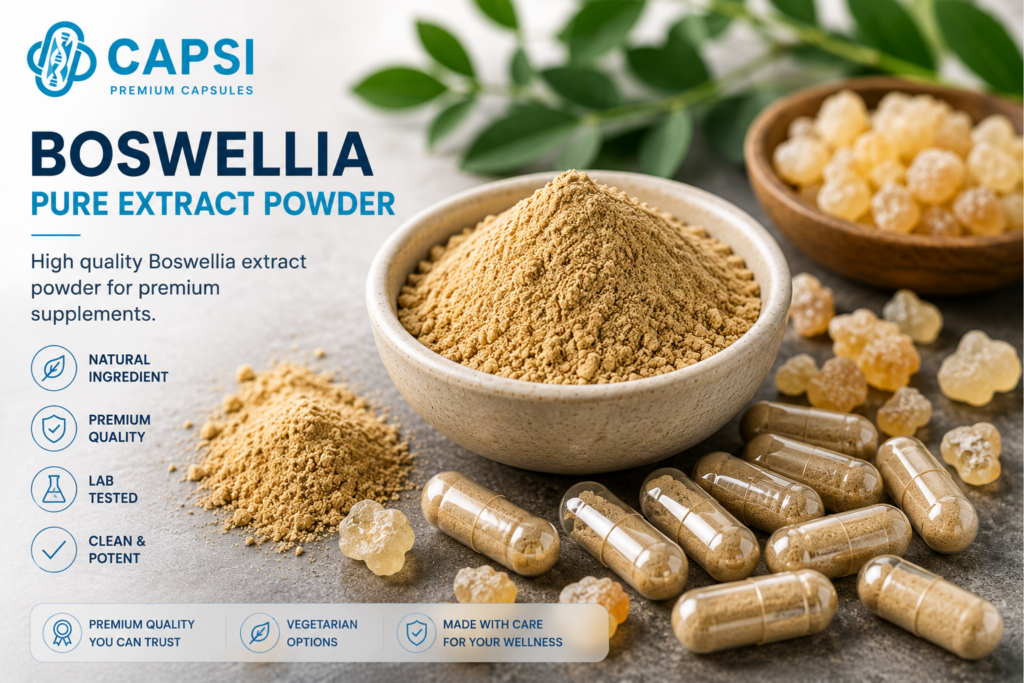 •	Close-up of Boswellia extract powder and empty capsules 