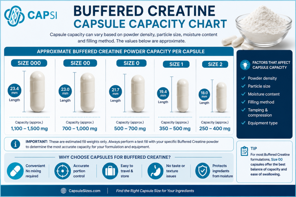 Buffered Creatine capsule capacity chart infographic 