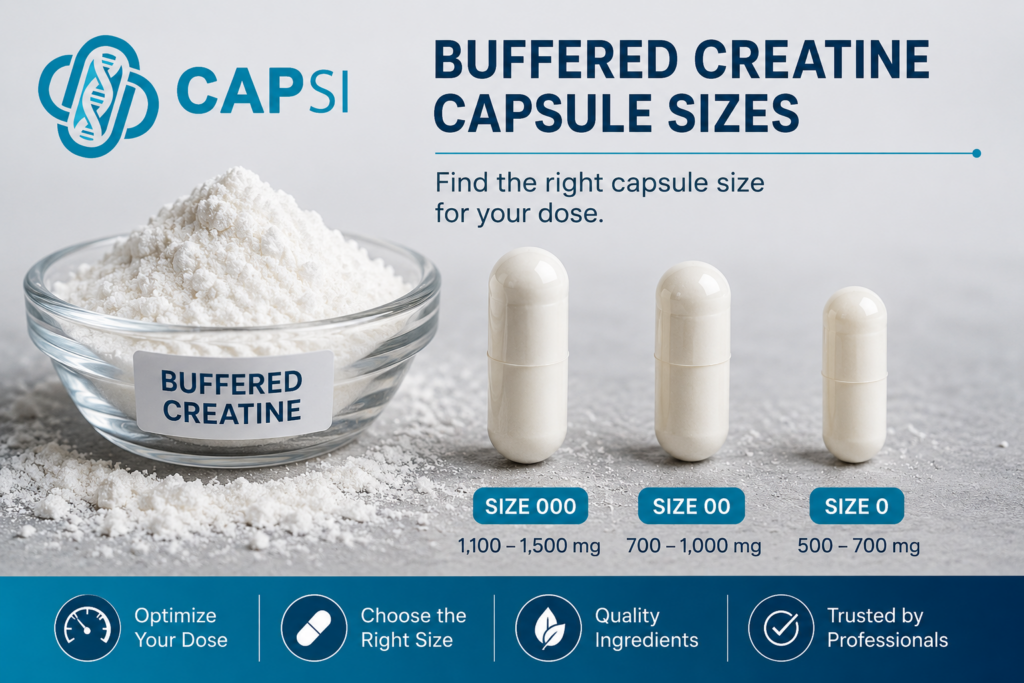 •	Buffered Creatine powder with different capsule sizes 