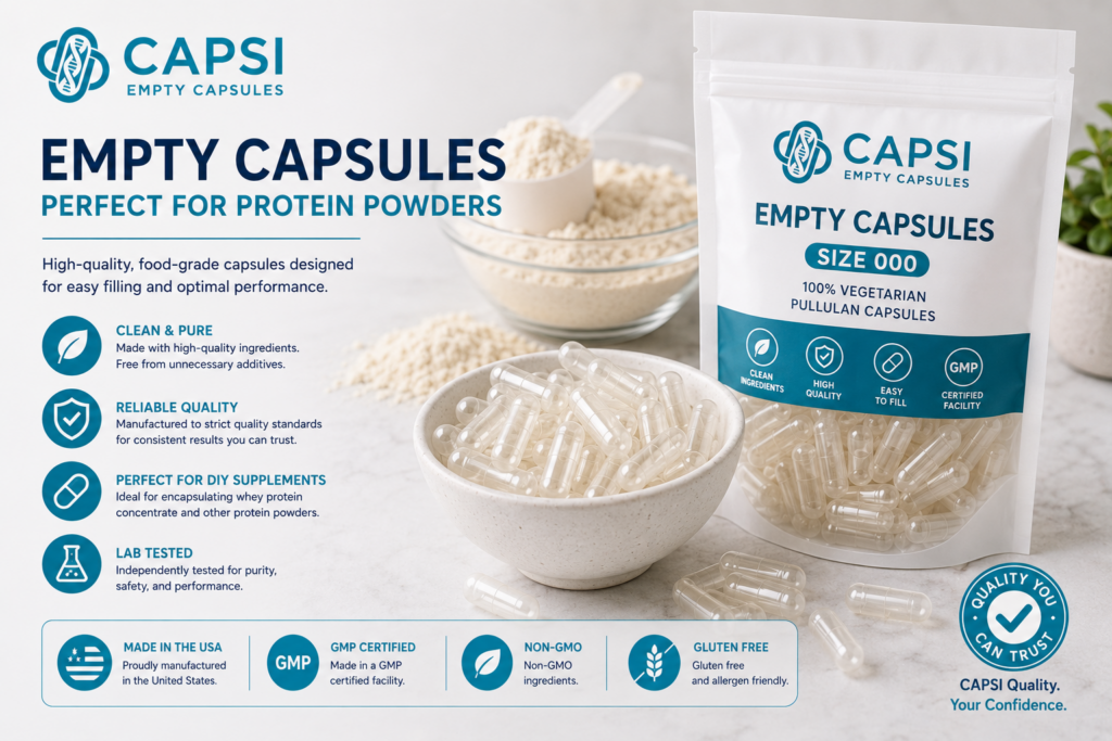 CAPSI empty capsules suitable for whey protein concentrate powder