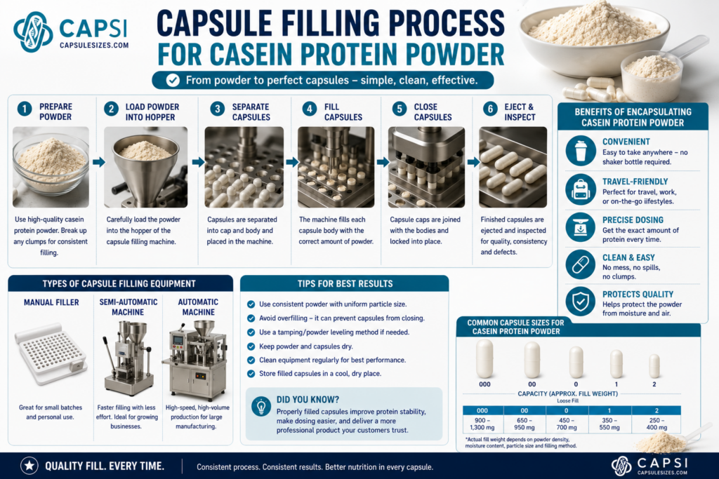 Capsule filling process for casein protein powder using empty capsules
