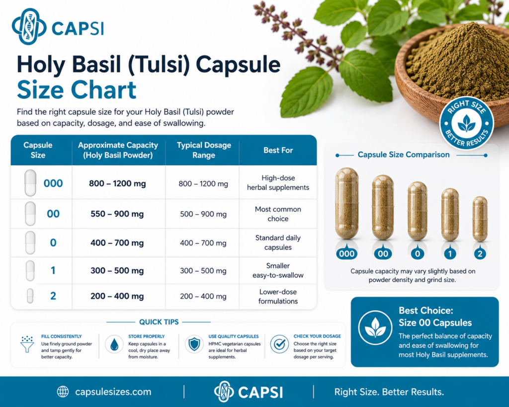 Capsule size chart for Holy Basil powder