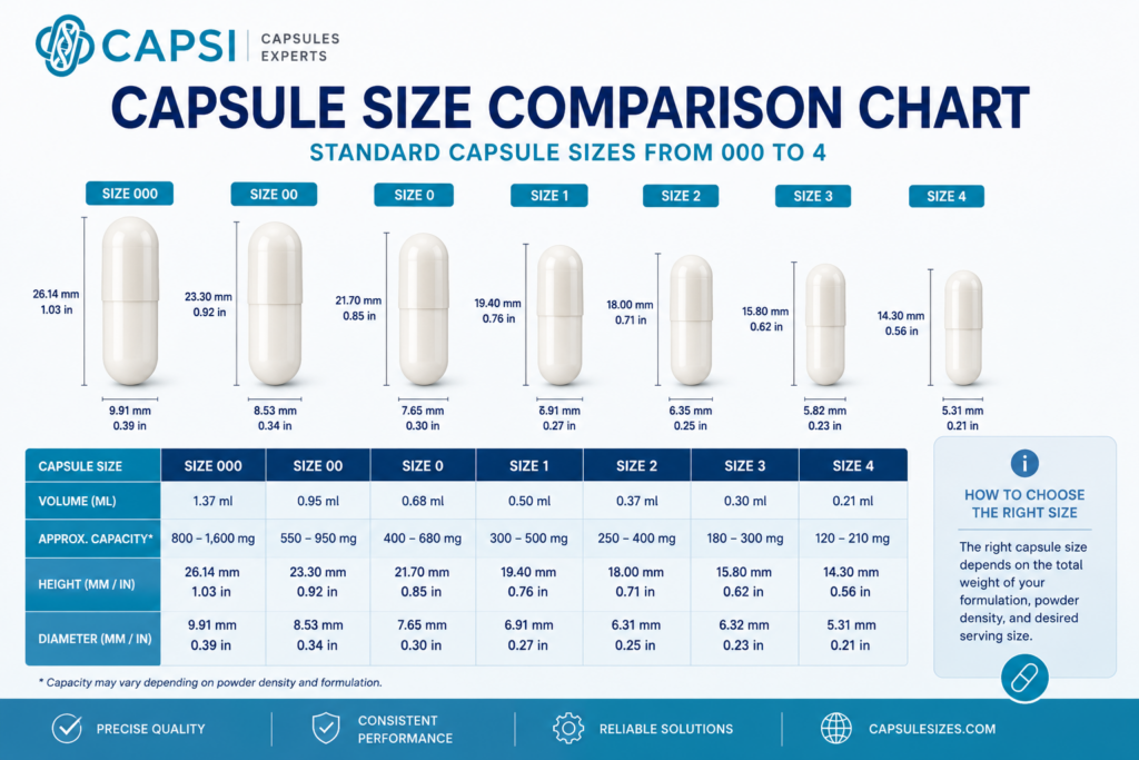 Capsule size comparison chart showing sizes 000, 00, 0, 1, 2, 3 and 4 for Vitamin D3 capsules