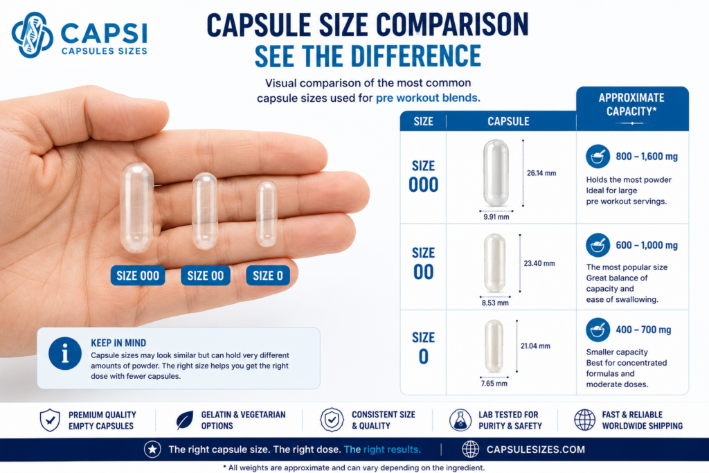 Size 000 size 00 and size 0 capsule comparison in hand