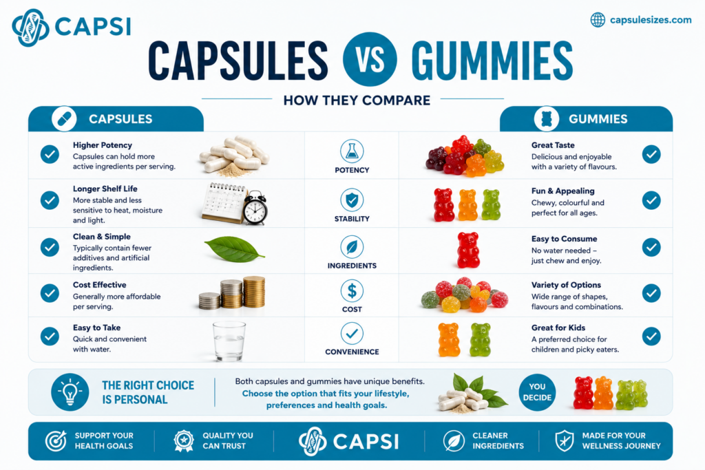 Capsules versus gummies additives comparison 
