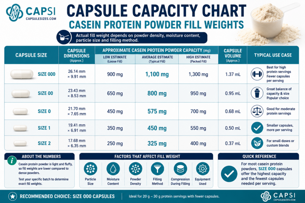 Casein protein powder capsule capacity chart showing capsule fill weights