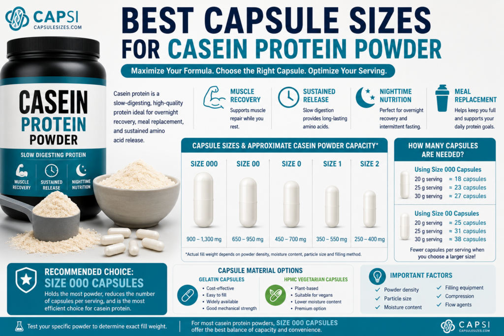 Best capsule sizes for casein protein powder including size 000 and size 00 capsules
