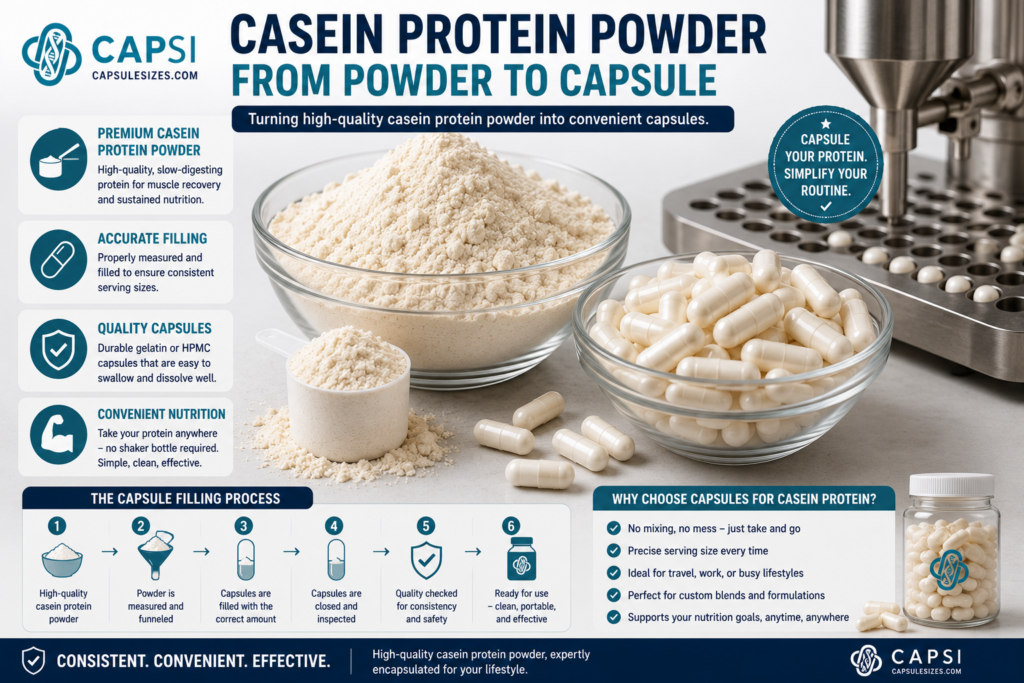 Casein protein powder being converted into capsules for convenient dosing