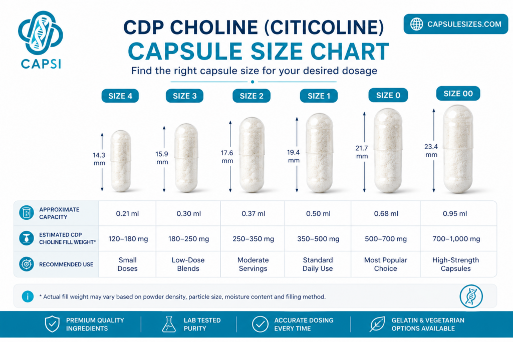 CDP Choline capsule size comparison chart from size 4 to size 00