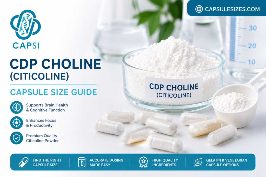 CDP Choline capsule size guide with empty capsules and Citicoline powder