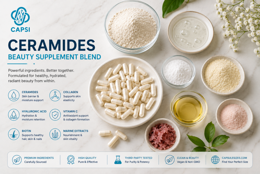 Ceramides beauty capsules with skincare supplement ingredients