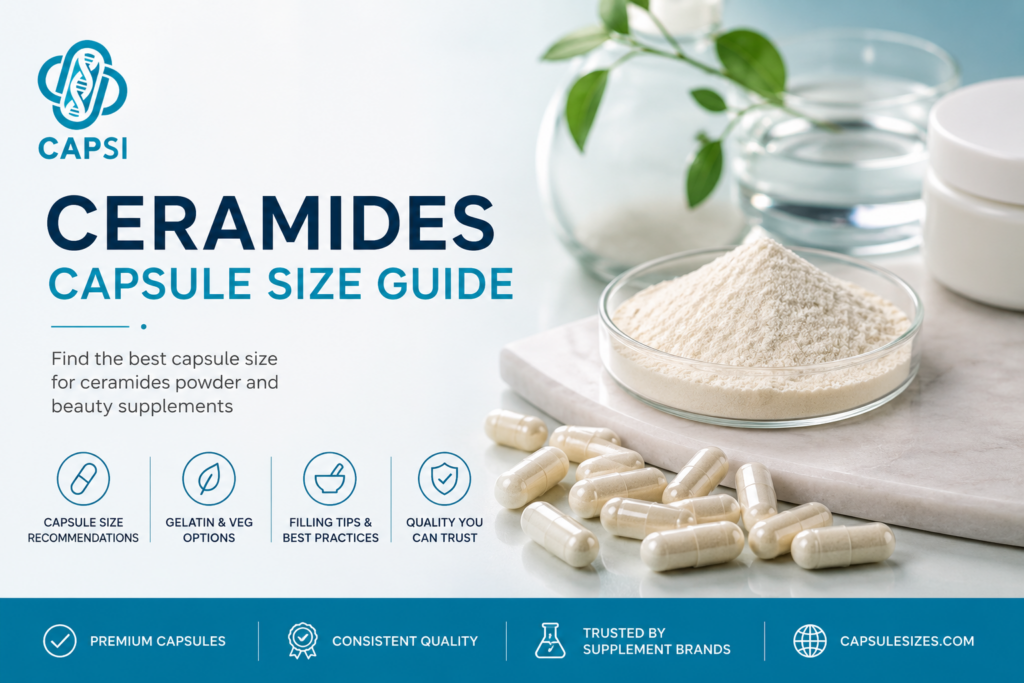 Ceramides capsule size guide with empty capsules and skincare supplement powder