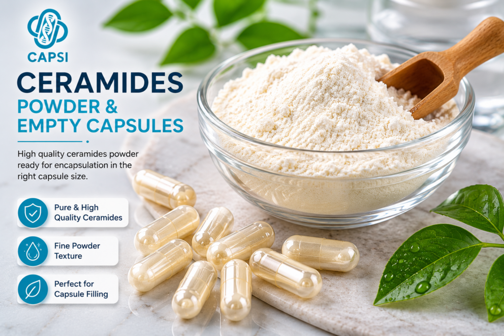 Ceramides powder beside empty supplement capsules
