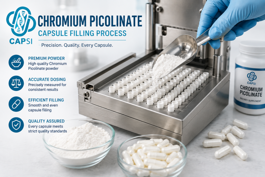 Filling chromium picolinate capsules using capsule machine
