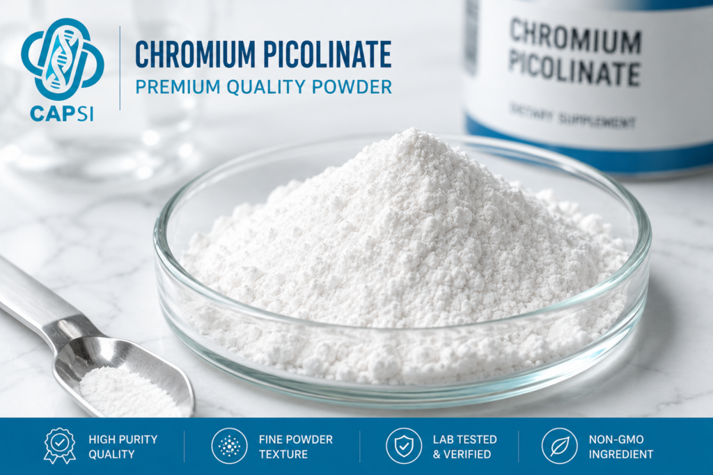 Close-up of chromium picolinate powder for capsule filling