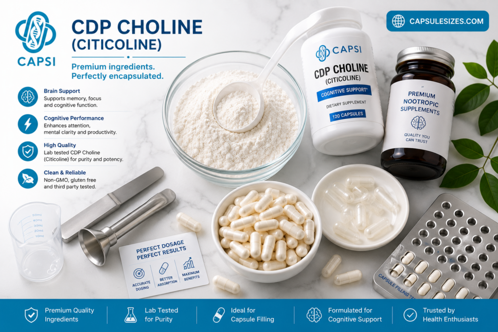CDP Choline supplement ingredient flat lay with capsules