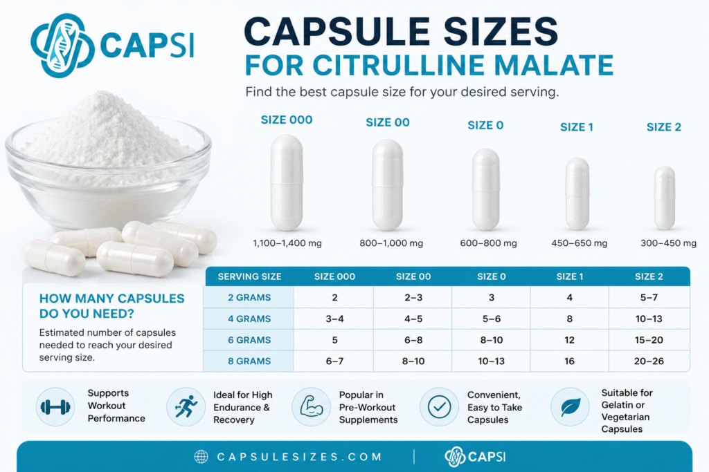 Capsule sizes for Citrulline Malate including size 000, 00, 0, 1 and 2 capsule capacity comparison
