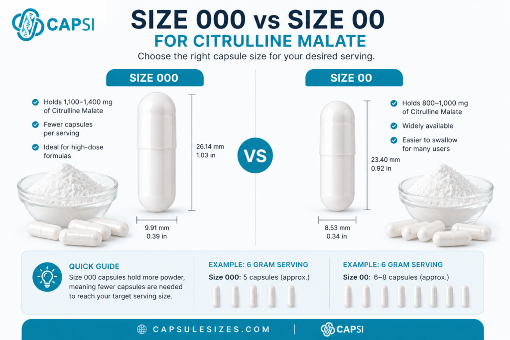 Size 000 vs size 00 capsules for Citrulline Malate powder capacity comparison
