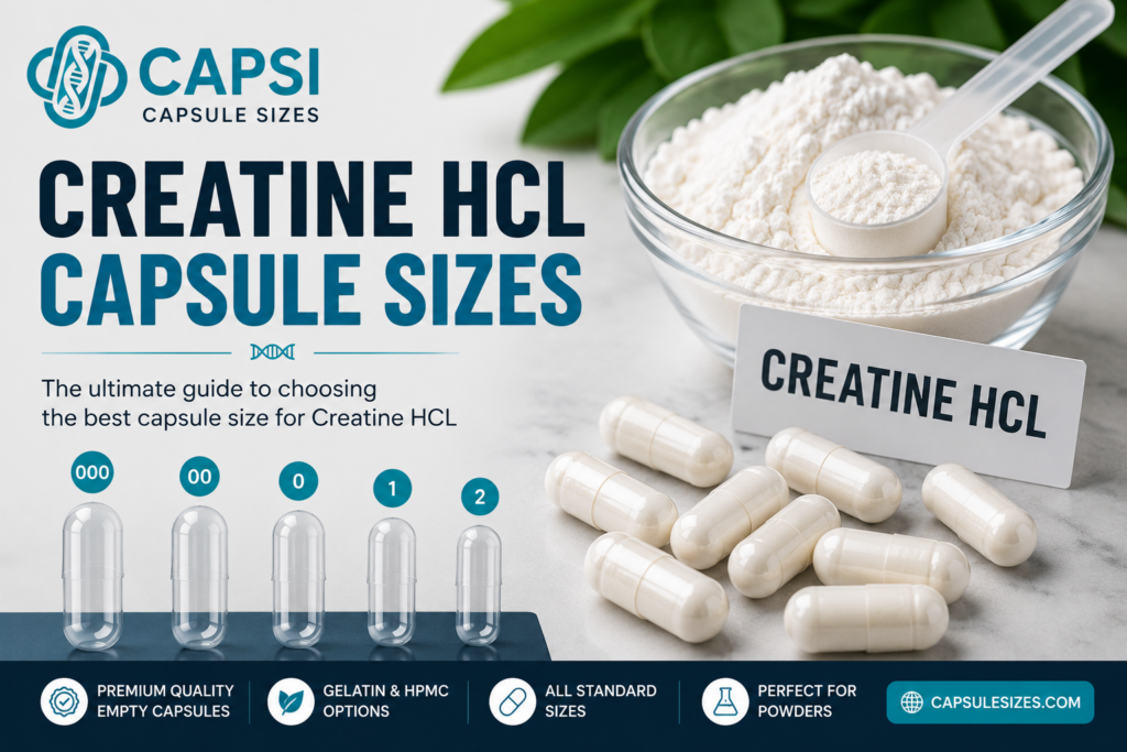 Creatine HCL capsule sizes guide with empty capsules and CAPSI branding