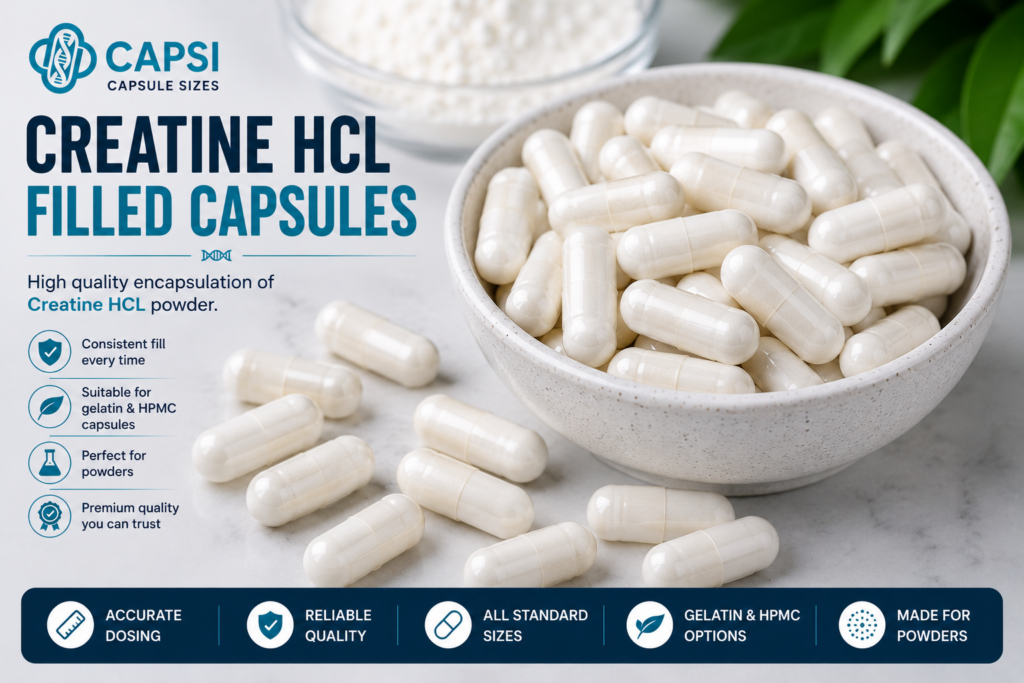 Close-up view of filled Creatine HCL capsules