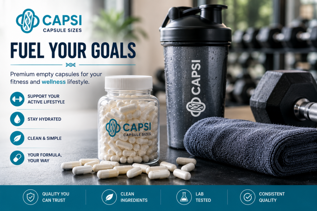 Fitness and wellness scene featuring empty capsules and healthy lifestyle imagery