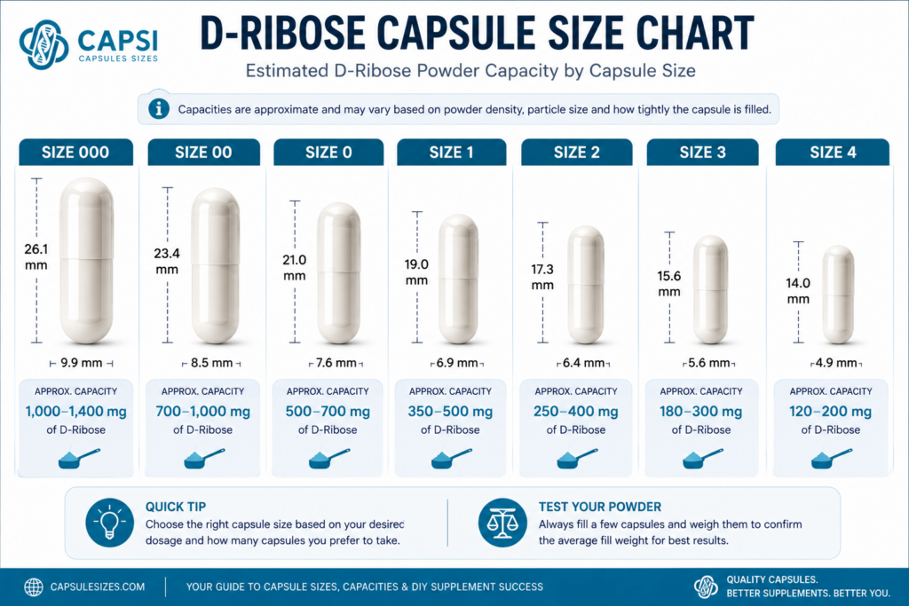D-Ribose capsule size chart comparing size 000 to size 4 capacities
