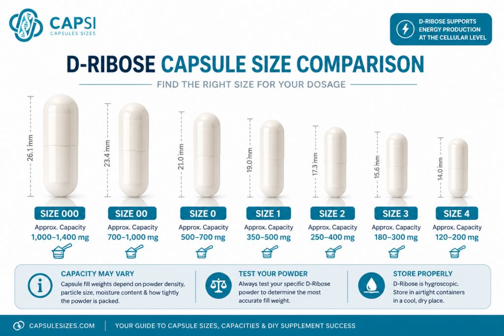 D-Ribose capsule size comparison from size 000 to size 4 with capacities