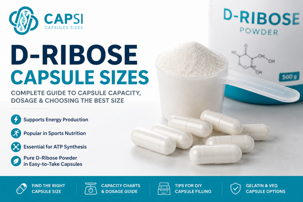 D-Ribose capsule sizes guide showing powder and capsules for size comparison