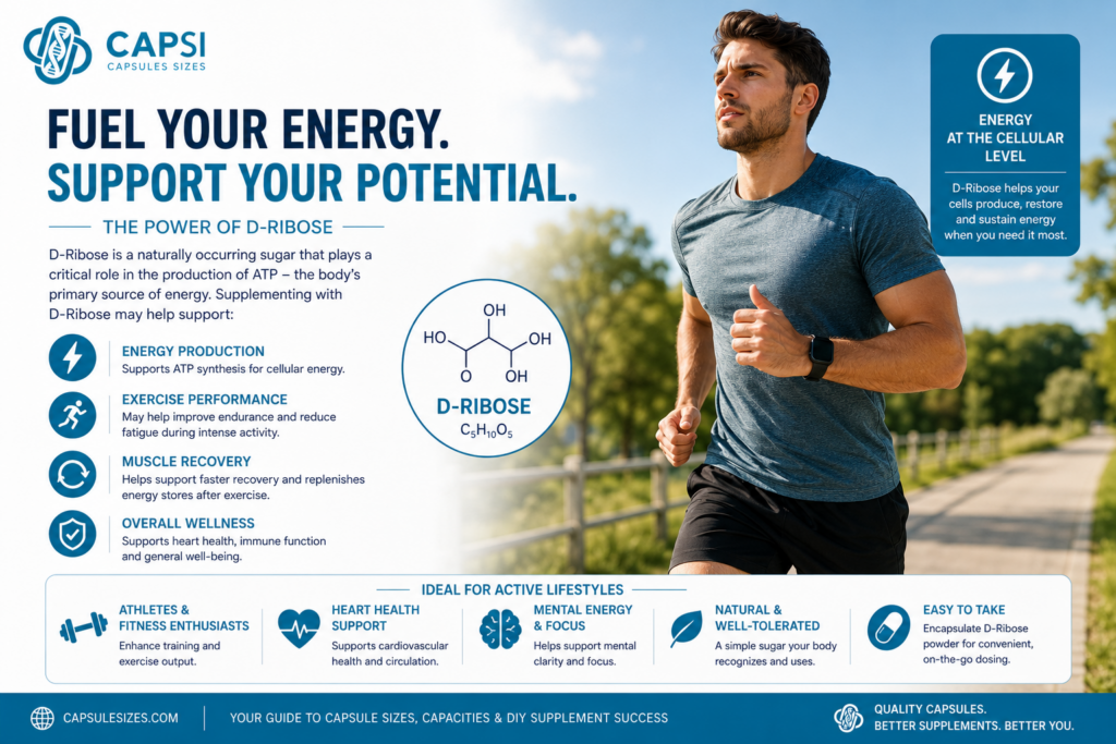 D-Ribose energy and wellness infographic showing ATP and active lifestyle support