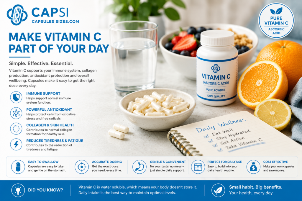 Daily Vitamin C capsule routine with healthy lifestyle and wellness habits