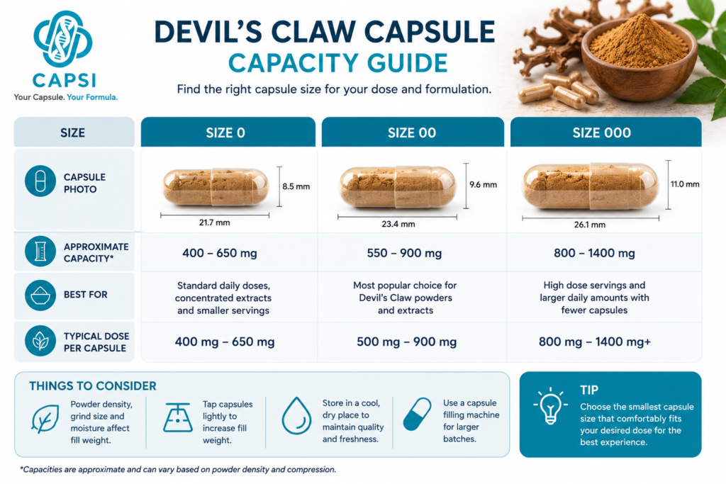 Devil’s Claw capsule capacity infographic for sizes 0 00 and 000
