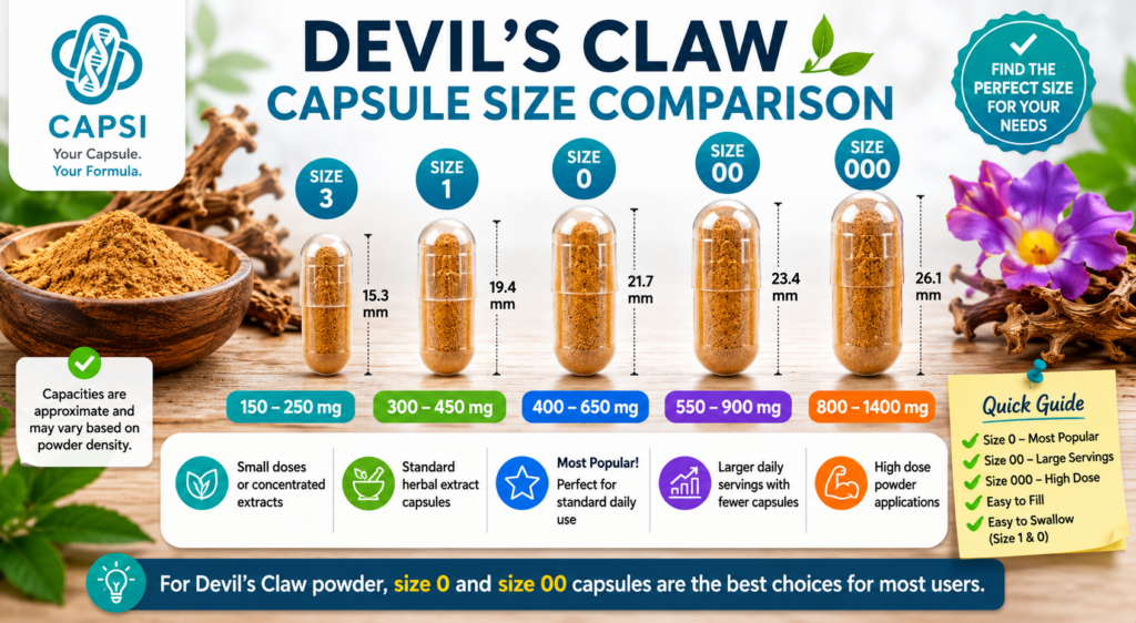 Size 0 and size 00 capsules for Devil’s Claw powder
