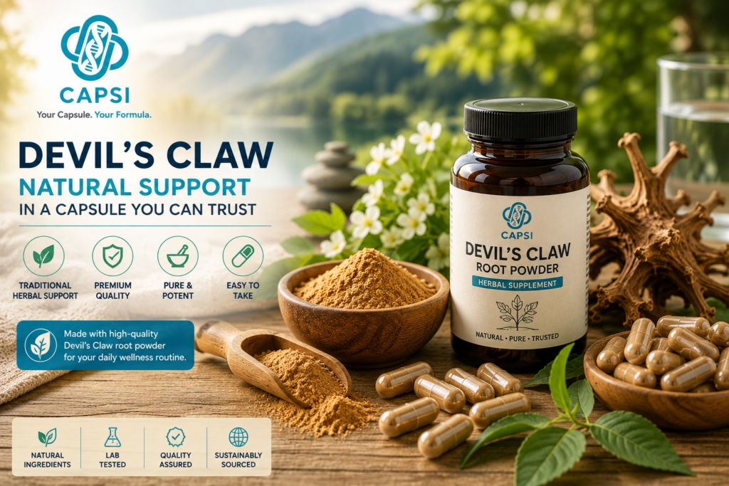 Herbal wellness scene with Devil’s Claw capsules and ingredients
